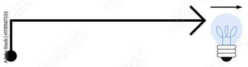Black line arrow moves toward a glowing lightbulb with sprout filaments, symbolizing innovation, ideas, and new growth. Ideal for progress, creativity, direction, growth, leadership inspiration