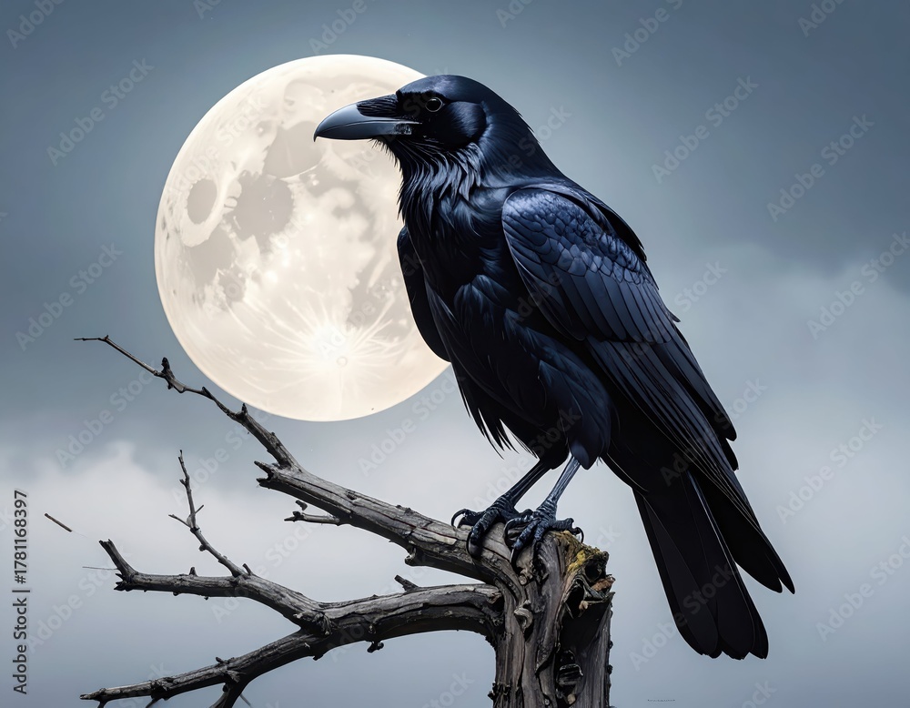 Fototapeta premium Majestic Raven Perched on a Branch Against Full Moon Evening Sky