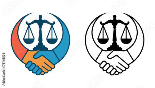 A symbol of justice and partnership combines scales of justice with shaking hands.