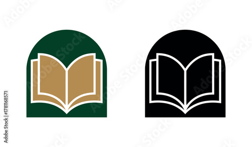 Two stylized icons of an open book within an arch, one in green and gold, the other in black and white.