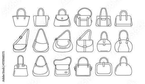 Collection of diverse women's handbags, fashion accessories, and purse vector icons