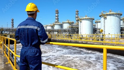 Engineer in yellow hard hat and blue uniform inspecting industrial water treatment plant with large storage tanks