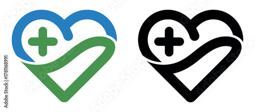 Heart shape with a plus sign and a checkmark represents health and well-being.
