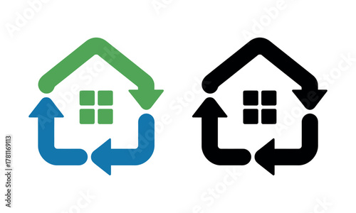 Recycle symbol integrated with house icons representing sustainable housing and eco-friendly living