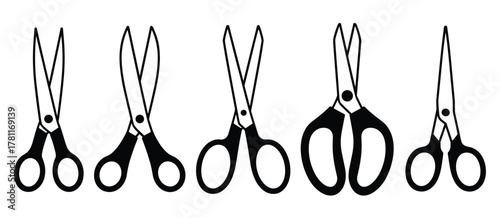 Set of various simple black and white outline scissors icons collection on white