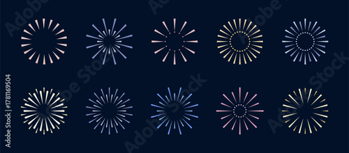 A set of fireworks icons, vector illustration, isolated on a dark background. A graphic element for design, decoration, celebration, postcard, poster. Sparks, lights, flashes in the sky, light rays