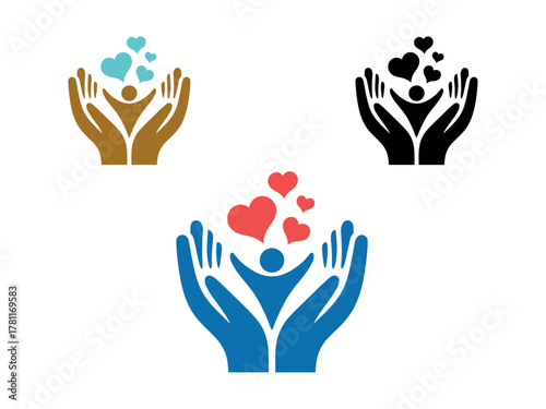 Hands cradling a person with hearts flowing upwards symbolizes care and love