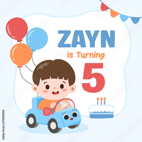 Cute birthday party card illustration featuring a chibi boy driving a small car with colorful balloons, drawn in hand-drawn crayon style. Aesthetic create a playful and cherful celebration party