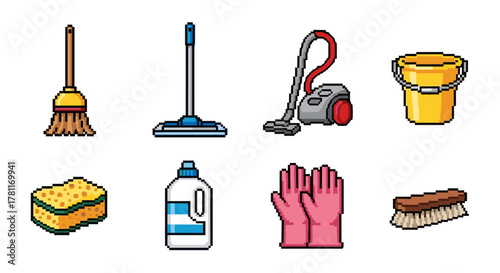 Retro pixel art style cleaning tools set with broom, vacuum, and mop