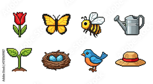 Pixel art nature icons: flowers, insects, birds, and gardening tools set
