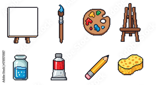 Pixel art painting tools collection: easel, palette, brush, canvas, pencil, paint tube, sponge