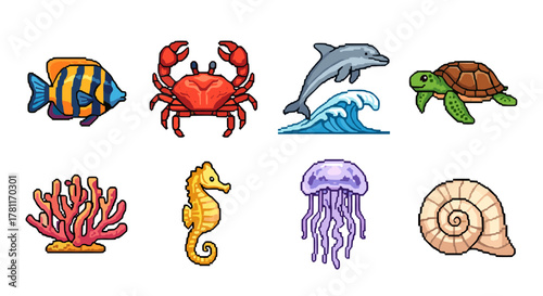 Colorful marine animal icons set: fish, crab, dolphin, and more