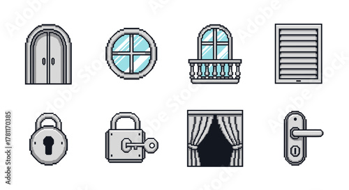 Pixel art home elements: doors, windows, locks, and curtains in retro style