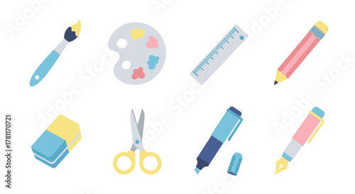 Colorful school supplies icons set: brush, palette, ruler, pencil, eraser, scissors, highlighter, pen