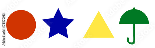 Simple graphic of four primary shapes circle star triangle and umbrella