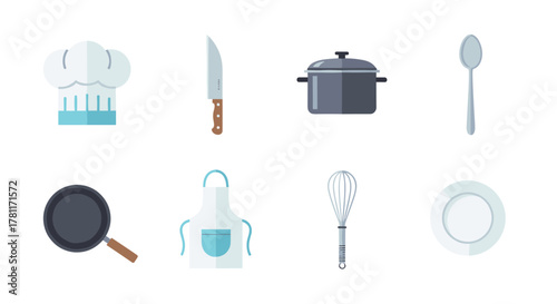 Modern culinary tools set featuring chef hat, knife, and cookware icons in flat style