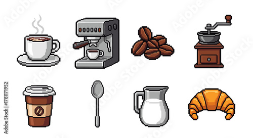 Pixel art coffee icons: espresso machine, beans, and breakfast items