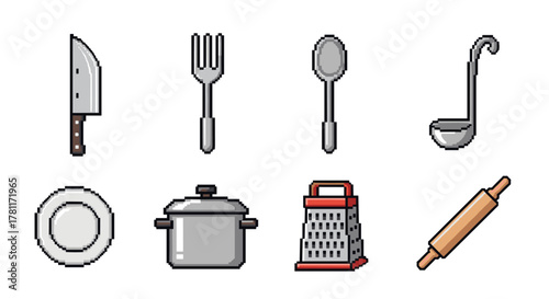 Pixel art kitchen utensils set: knife, fork, spoon, and more
