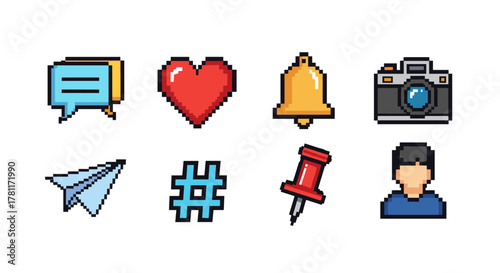 Pixel art social media icons set with chat, heart, bell, and camera