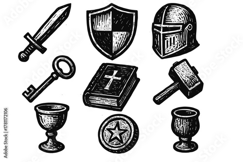 Medieval icon set with sword, shield, and knight helmet in vintage engraving style
