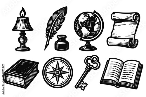 Vintage retro engraving of classic objects including lamp, quill, globe, and book