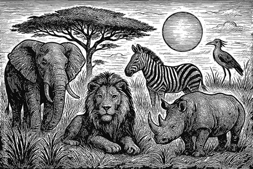 Intricate african wildlife scene with elephant, lion, zebra, rhino, and birds at sunset