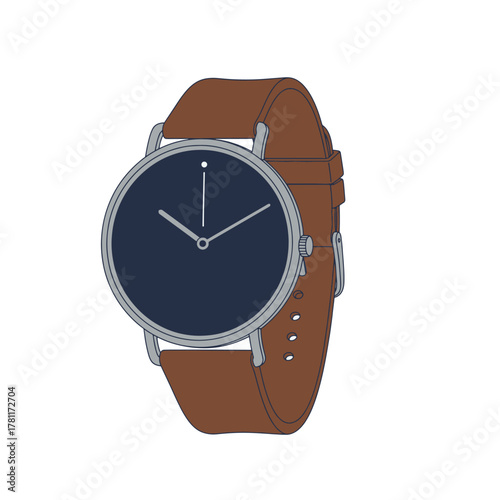 Minimalist dark blue face analog watch with brown leather strap timepiece wrist
