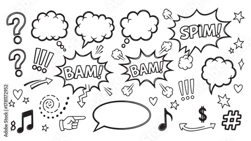 Hand Drawn Comic Book Style Speech Bubbles and Symbols Keywords: doodle, icon, hand drawn