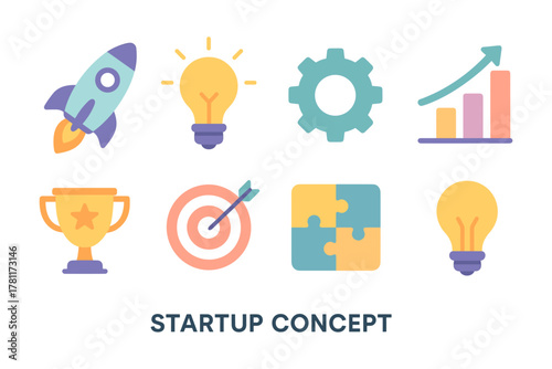 Creative elements for startup growth: rocket, lightbulb, chart, and more