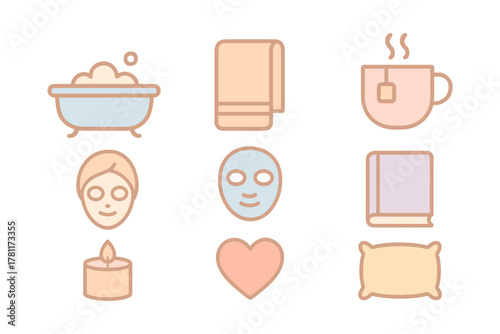 Cozy self-care essentials in soft pastel outline style for relaxation and wellness