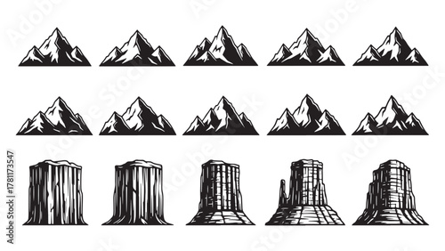Stylized Mountain Peaks and Rock Formations Silhouettes Set mesa