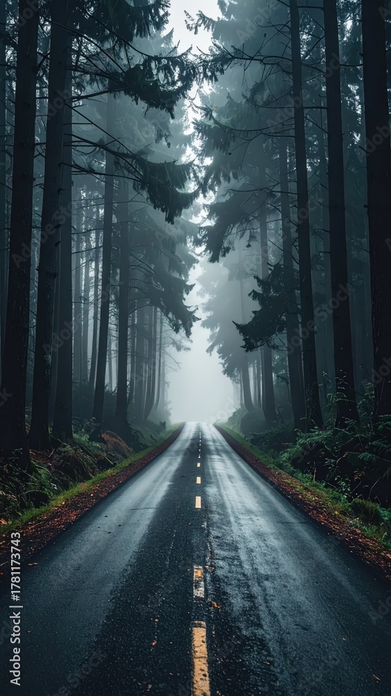 Obraz premium Serene Foggy Road Surrounded by Tall Trees in Dense Forest Landscape