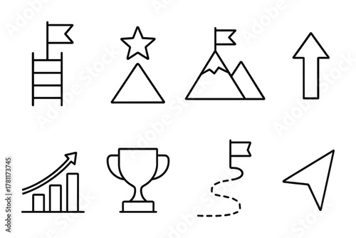 Linear icons of achievement and success with trophy and arrow motifs