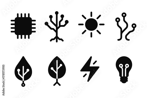 Black and white technology and nature icons set with simple designs