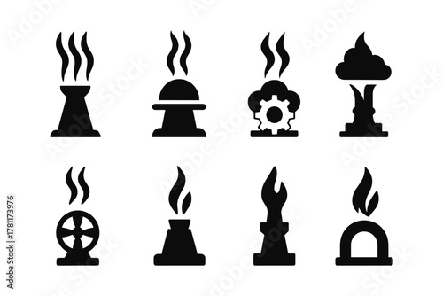 Collection of industrial smoke icons in black silhouette style