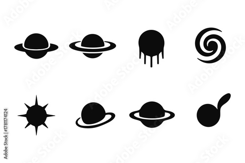 Set of black silhouette space icons featuring planets and celestial designs