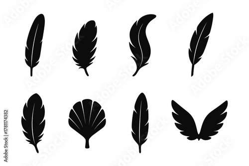 Set of feather silhouettes in black and white - eight unique designs