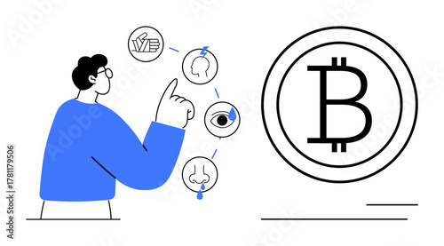 Man pointing to sensory icons such as touch, taste, smell, hearing, and vision leading to a Bitcoin symbol. Ideal for technology, cryptocurrency, concepts, finance innovation digital trends
