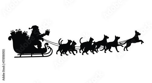 Classic black silhouette of santa claus riding in a sleigh pulled by a team of dogs across a white background silhouette