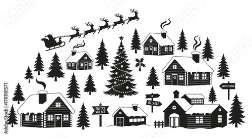 Whimsical winter village scene with santa s sleigh flying overhead in silhouette