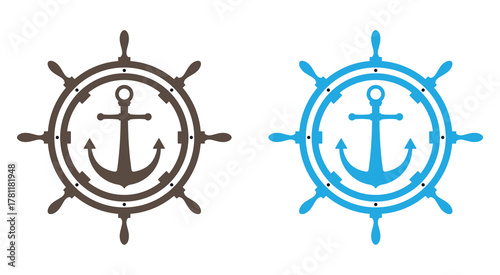 Nautical anchor and ships wheel emblems in brown and blue evoke seafaring adventures, perfect for coastal branding and marine themes