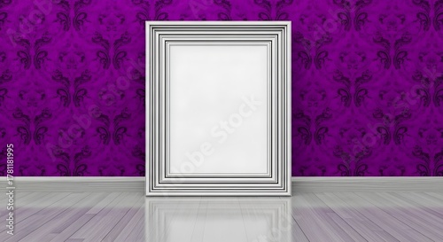 Fototapeta Naklejka Na Ścianę i Meble -  A blank white picture frame on a purple butterfly wallpaper background with a shiny floor