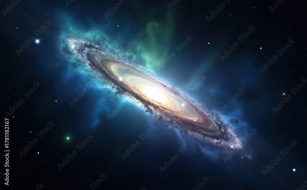 Fototapeta premium Swirling cosmic nebula surrounds luminous spiral galaxy dust