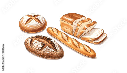 Different types of freshly baked bread sliced loaf and baguette bakery product vector design
