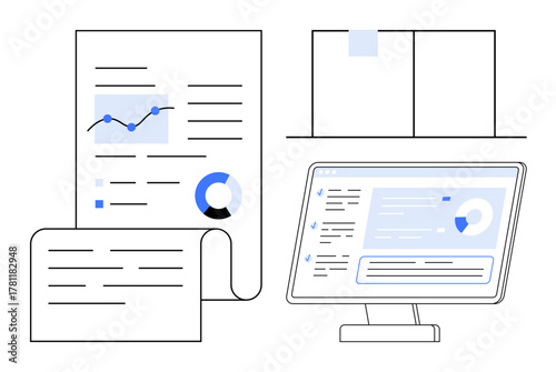 Chart, graph, pie chart on document, open laptop displaying dashboard. Ideal for analytics, reporting, technology, data management, business strategies productivity tools simple flat metaphor