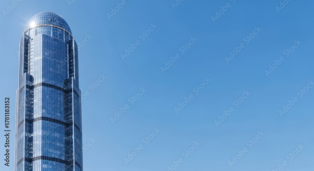 Obraz premium Gleaming spire of modern architecture, reaching towards the clear blue sky