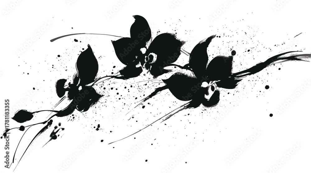 Naklejka premium Abstract sumi-e orchid flower painting with expressive ink brush strokes on white background