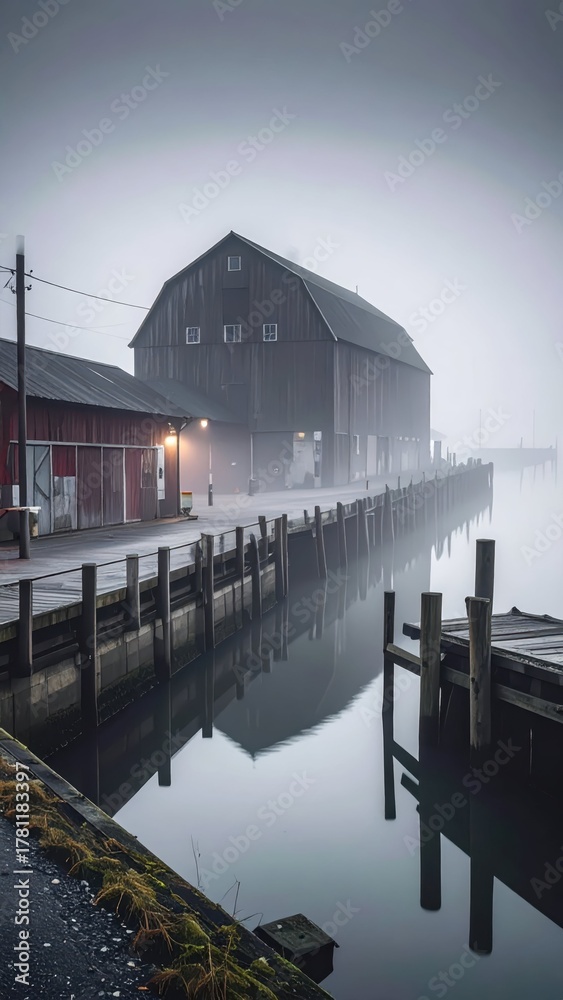 Fototapeta premium Serene Misty Morning at Waterfront with Barn and Dock Reflection