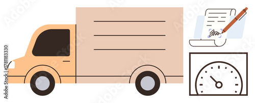 Delivery truck, checklist with a pen, and speedometer convey logistics, transportation, shipping, supply chain management, punctuality, measurement and efficiency. Perfect simple flat metaphor