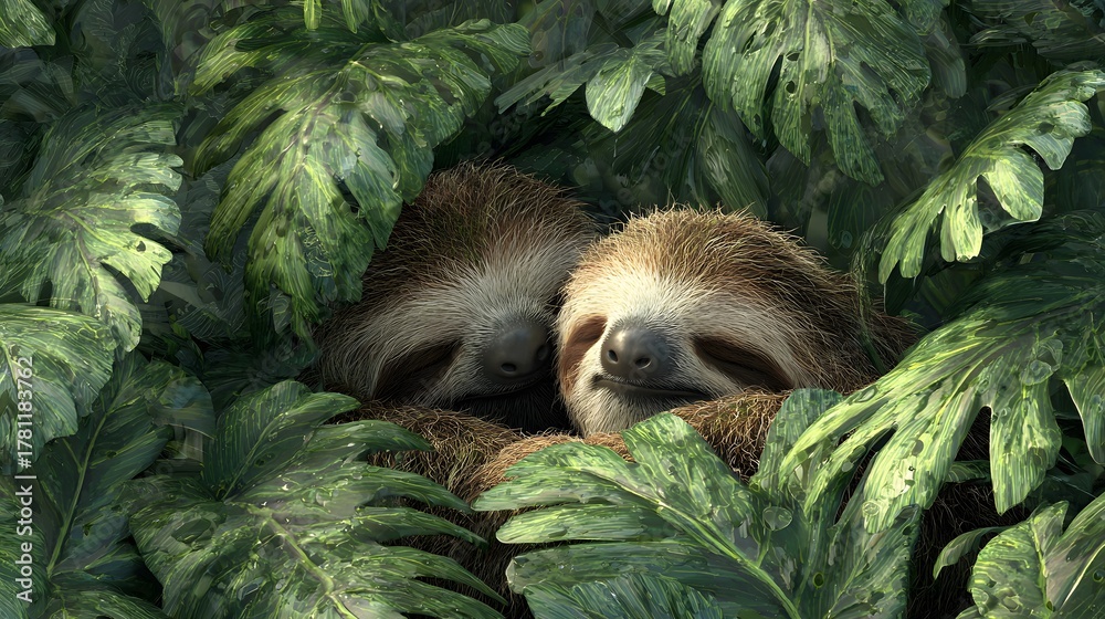 Naklejka premium Two contented mammals rest nestled among dense tropical foliage